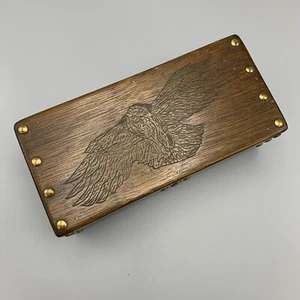 Vtg Footed Hinged Wooden Keepsake Box Etched Flying Eagle or Owl Brass Nail Head - Picture 1 of 9