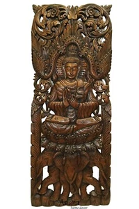 Buddha with Elephant Wood Carved Wall Decor Panel. Wall Art Brown 35.5"x13.5" - Picture 1 of 4