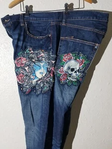 NWT Rare Ed Hardy Christian Audiger skull Geisha Girl jeans embroidered 44 x 34 - Picture 1 of 15