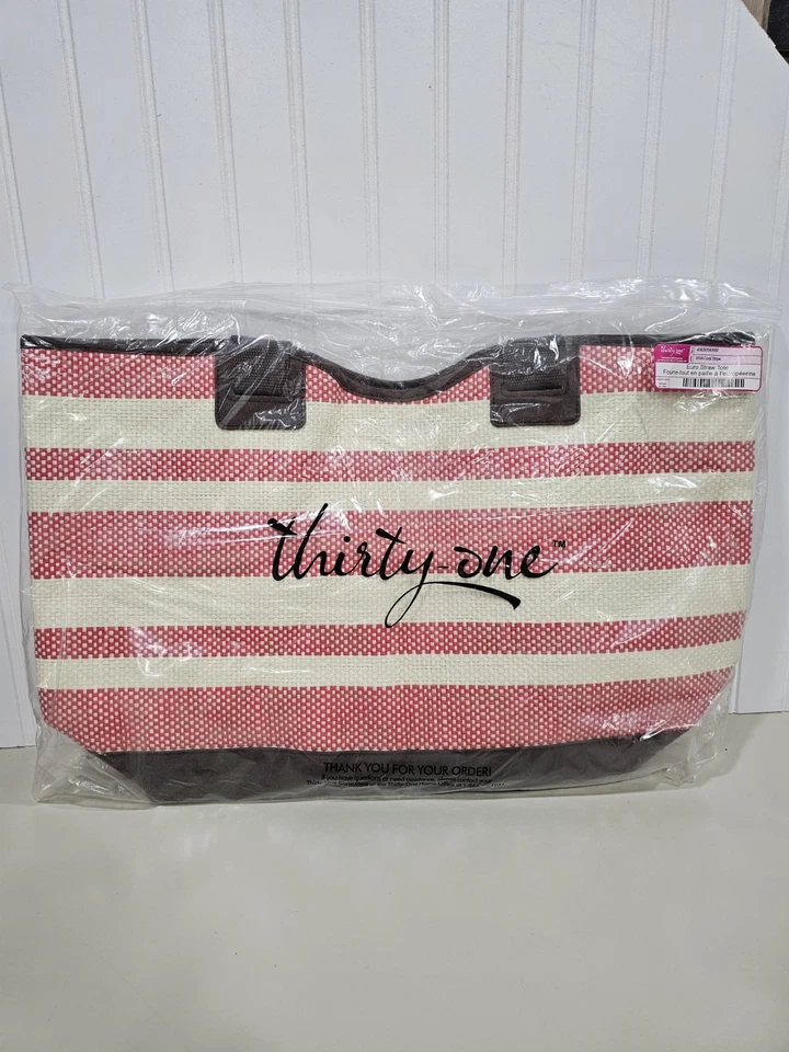 Thirty One 31 "Euro Straw Tote" - Bolso de Hombro Damas Rayas Coral Rosa - NUEVO Foto 1 de 4
