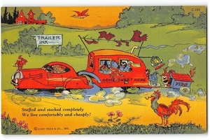 Trailer Comic RAY WALTERS Camping Curteich Linen 1940s Vintage Postcard - Picture 1 of 2
