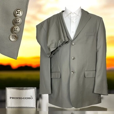 Pronto Uomo Made In Italy 2 Piece Suit Mens 44L 39x31 Beige Solid Worsted Wool - Image 1 of 4
