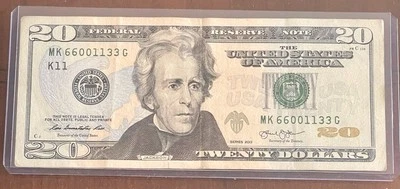 2013 $20 Twenty Dollar Bill Fancy Serial Number Quad Doubles 66001133 - Image 1 of 2