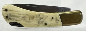 VINTAGE Sam McDowell Knife Scrimshaw Golf Scene Bone Handle Japan Rare USED - Picture 1 of 10