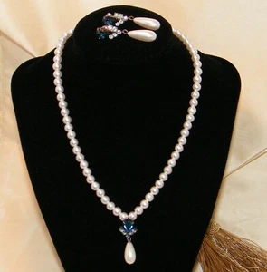 Silver Tone Faux Tear Drop Pearl, Blue & Clear Rhinestone Necklace & Earring Set - Picture 1 of 12