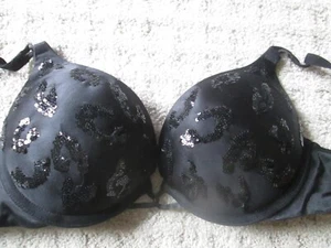 Victoria Secret Bombshell Underwire Padded Push Up Plunge Bra 34A Black / Sequin - Picture 1 of 5
