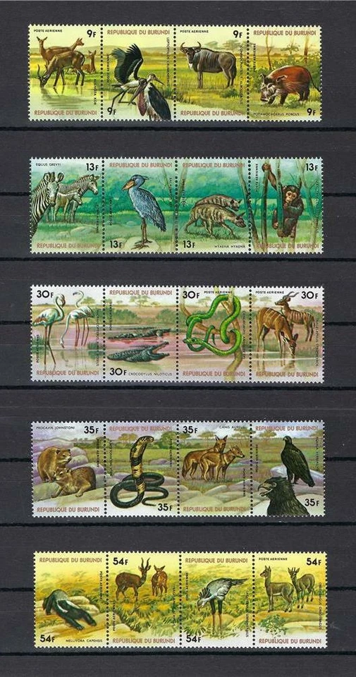 Burundi 1977 Sc# C258-62 Airmail Animals Fauna Birds strips 4 MNH - Image 1 of 1