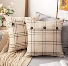 Set of 2 Linen Throw Pillow Cover  Cases 18x18" Triple Button-  Brown Plaid