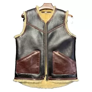 Men's Black Sheepskin Genuine Leather Vest New Style B3 RAF Motorcycle Fur Vest - Picture 1 of 3