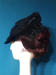 Victorian Women Lace Floral Top Hat Fascinator Classic Lolita Black Headpiece - Picture 1 of 16