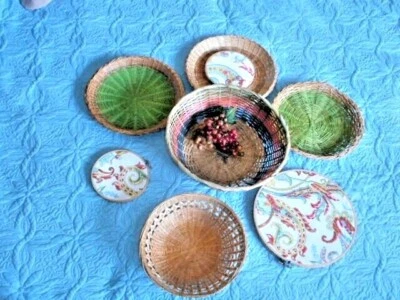 Vintage Boho country Basket Wall Lot Of 9 pc. Wicker Rattan Wall Decor - Image 1 of 4