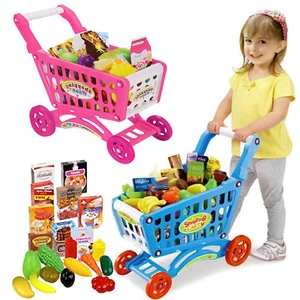 Kids Play Shopping Trolley Cart Play Food Set Childs Pretend Shop Push Along Toy - Picture 1 of 18