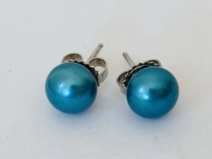 Honora Cultured Teal Blue Pearl Sterling Silver Stud Earrings 8MM - Picture 1 of 13