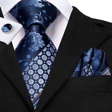 Navy Blue Floral Silk Wedding Tie Handky Cufflink Necktie Business Party Tie