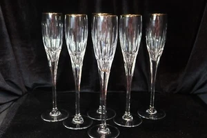 RARE MIKASA MANOR HOUSE GOLD TRIM MULTISIDED STEM 6 CHAMPAGNE FLUTES 11 1/4" - Picture 1 of 5
