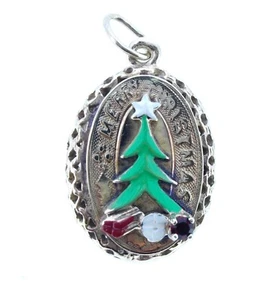 Charm M & M Sterling Silver Gold Plated MERRY CHRISTMAS green tree red stone - Picture 1 of 4