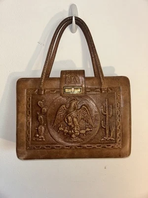 Vintage 60s/70s Mexican Hand Tooled Leather Purse Aztec Calendar & Mexican Flag - Image 1 of 4