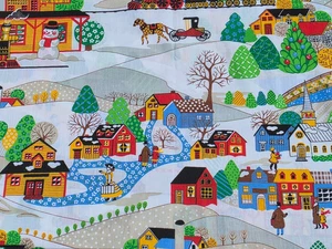 2.5 YDS 1983 American Greetings Fabric Winter Christmas Calico Country Scene - Picture 1 of 7