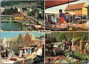 Vintage Bergen, NORWAY 4x6" Postcard Multi-View / Four Market Scenes 1985 Cancel - Picture 1 of 2