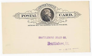 Tarjeta de papelería postal de Estados Unidos 1886 #UX9 Brattleboro Jelly Company Vermont sin usar - Imagen 1 de 2