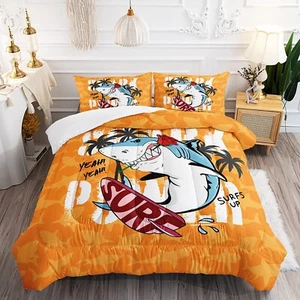 Cartoon Funny Shark Comforter Set, Hawaiian Beach Surfing Shark Bedding Bedsp... - Picture 1 of 5