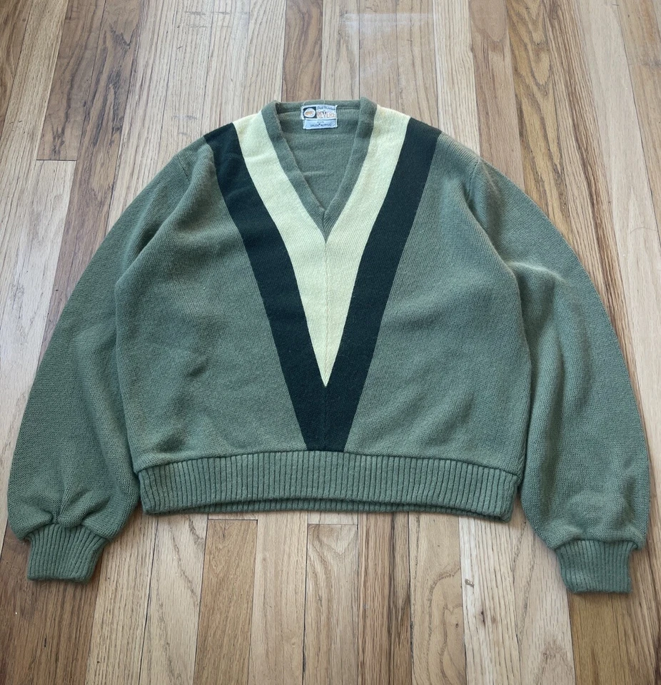 Suéter Retro Vintage Años 60 Mod Revere Para Hombre Medio Verde Cuello en V Rayas Tejido Foto 1 de 4