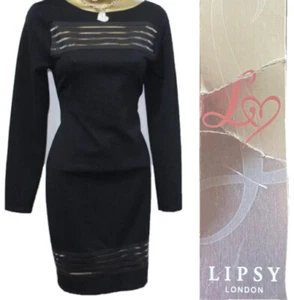 Lipsy Bodycon Pencil Dress 10 Black Long Sleeve Mesh Sheer Insert Low Back BNWT - Picture 1 of 11