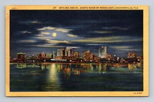 24 Skyline und St. John's River bei Mondschein Jacksonville Florida Leinen Postkarte - Bild 1 von 2