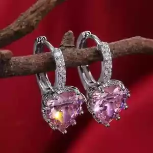 WHITE GOLD FINISH Heart Cut Pink Tourmaline Created Diamond Dangle Earrings - Picture 1 of 7