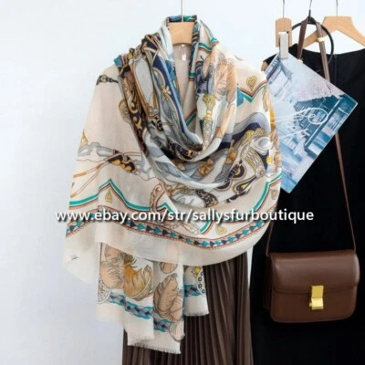 Sallys Cashmere Ring Scarf Wrap Shawl Feather Print Soft Delicate Thin 78"*39" - Image 1 of 4