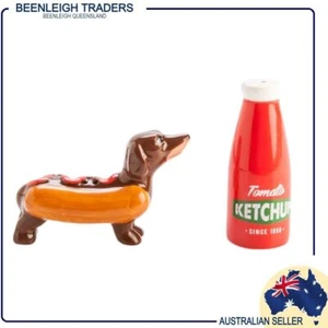DACHSHUND SALT & PEPPER SHAKERS Sausage / Weiner Dog & Ketchup Bottle Brand New - Picture 1 of 11