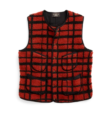 Chaleco Chaleco Ralph Lauren RRL Rojo Negro Cuadros Pila Alta Vellón Nuevo Foto 1 de 4