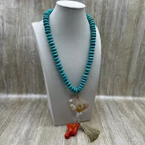 NWT Barse Turquoise Nugget Necklace 925 Sterling Silver Coral Pendant Tassel 22" - Picture 1 of 11