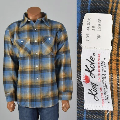 3XL 1960s Blue Yellow Plaid Flannel Shirt VTG All Cotton Long Sleeve Button Cuff - Image 1 of 4