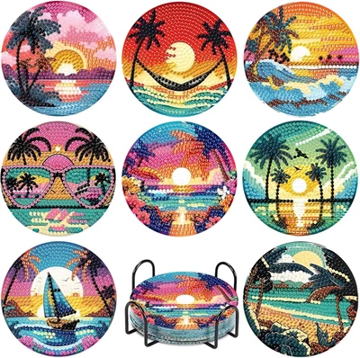 ASKKQTX 8 PCS Sunset Coconut Tree Diamond Art Coaster Kits with Holder, 4X4 Inch