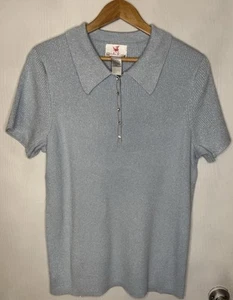 Quacker Factory Women Sweater Size Large Blue Button Blouse Short Sleev Sparkles - Picture 1 of 8