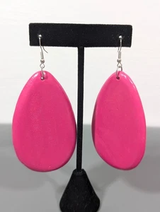 Hot Pink Wood Dangle Earrings Lightweight Statement Drop Retro Boho Festival - Picture 1 of 8