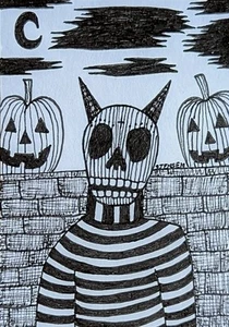 ACEO Art Card Original Halloween Skeleton Pumpkins Outsider Brut Ink ATC Signed - Picture 1 of 3