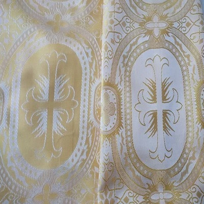 Champagne Gold White Reversible Satin Jacquard Brocade Religious Cross Fabric - Image 1 of 4