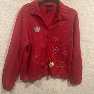 Reference Point Women’s Cardigan XL Red Button Down Christmas Sweater Snowflakes - Picture 1 of 12