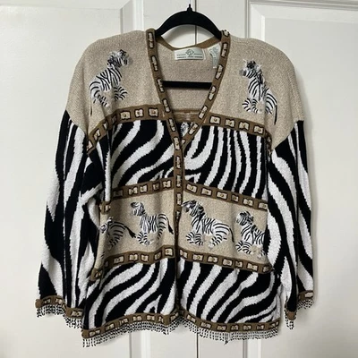 Vintage Design options 3D Zebra Cardigan Womens L Animal Print Beaded Fringe - Imagem 1 de 4