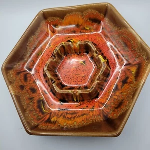 VTG California Original #124 Flame Orange & Brown Hexagon Ashtray, MCM, Stamped - Picture 1 of 8