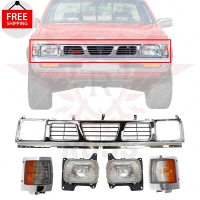 For 93-94 Nissan D21 / 95-97 Pickup Front Grille Chrome Headlights Corner Lights - Image 1 of 4