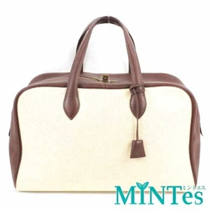 Auth Hermes Victoria 43 Boston Bag Beige Brown Toile Ash Leather Business Travel - Picture 1 of 6