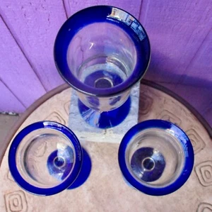 NEW Hand Blown Wine Water 3 Cobalt Rim & Base Glasses Goblet Bubble Glass Mexico - Picture 1 of 3