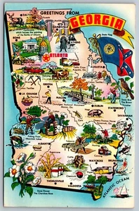 Tarjeta postal mapa ilustrado saludos desde Georgia Cracker State años 60 cromo F16 - Imagen 1 de 2