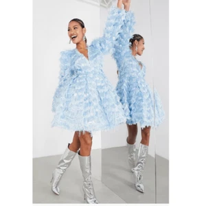 ASOS Edition Mini Abito Jacquard Maniche Lunghe con Frange, Blu, Taglia 4, Nuovo con etichette - Foto 1 di 4