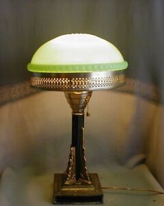 UNUSUAL ANTIQUE ART DECO LAMP WITH UNUSUAL NICELY MOLDED JADEITE SHADE