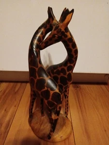 Vintage Hand Carved Double Solid Wooden Giraffes Statue / Figurine 12" Tall. - Picture 1 of 15