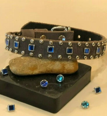 Custom Gray Rustic leather Dog Collar Blue Square Jewels Nickel hardware 1"inch  - Image 1 of 4